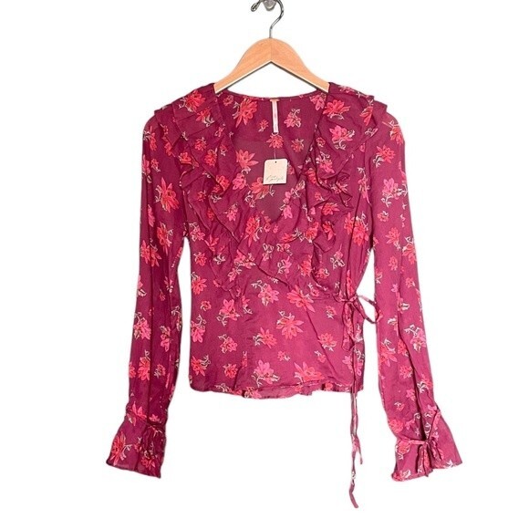 NWT Free People Amanda Ruffle Long Sleeve Wrap Blouse Burgundy Floral Size Small - Picture 3 of 16